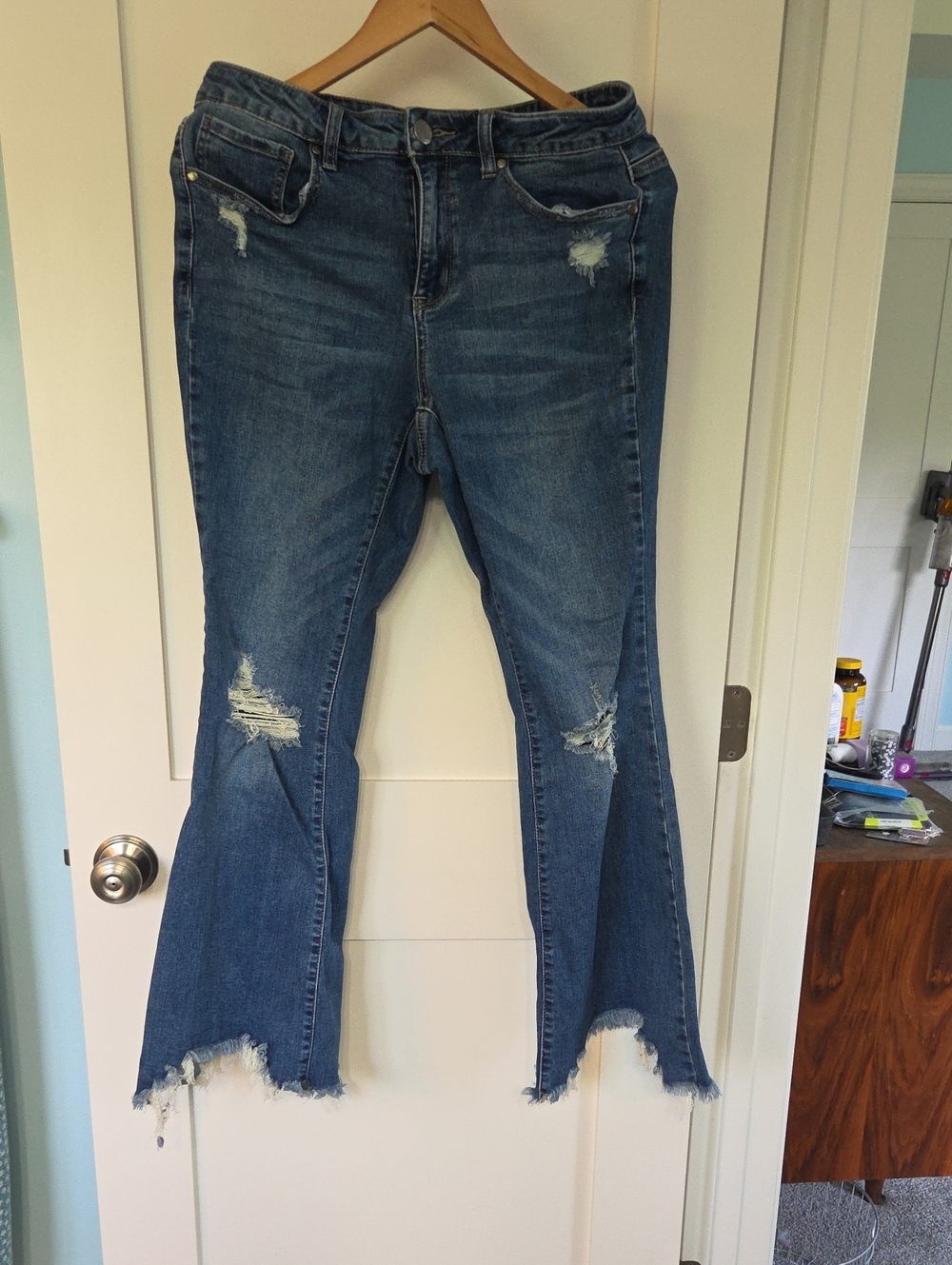 ARULA Blue Distressed Flare Jeans with Frayed Hem